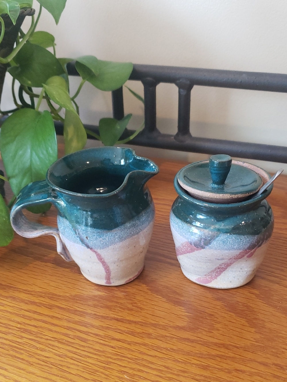 Vtg Handcrafted Stoneware Creamer and Sugar Jar With Spoon - Teal and Cream